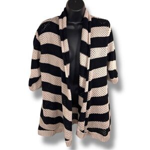 Large Beige Black Crochet Knit Half Sleeve Shrug Sweater Cotton Open Front